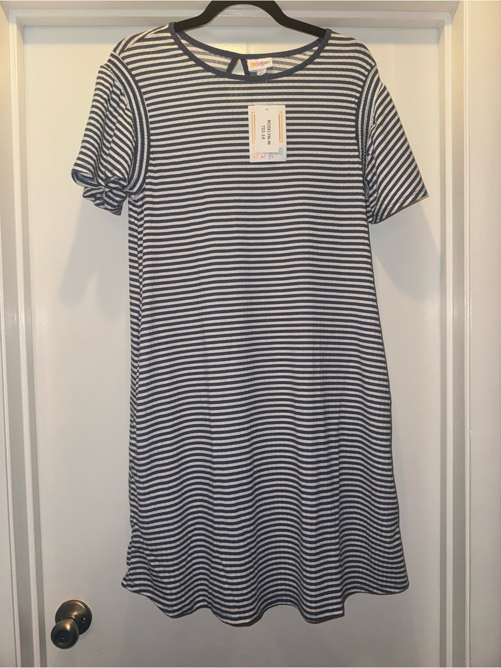 Stripe Short Sleeve Lularoe Roselyn Dress - Blue & White